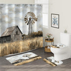 4PCS Rustic Barn Windmill Shower Curtain Set, Western Farm Barn Farmhouse Bathroom Accessories with Non-Slip Rugs, Toilet Lid Cover Bath Mat and 12 Hooks, Home Decor 72" x 72"