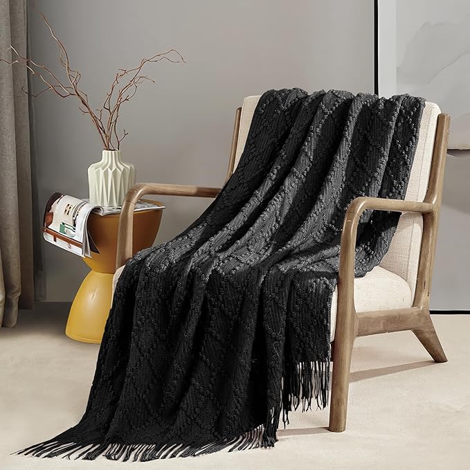 BOURINA Black Throw Blanket 50 x70 Inches Jacquard Argyle Throw Textured Solid - Image 2
