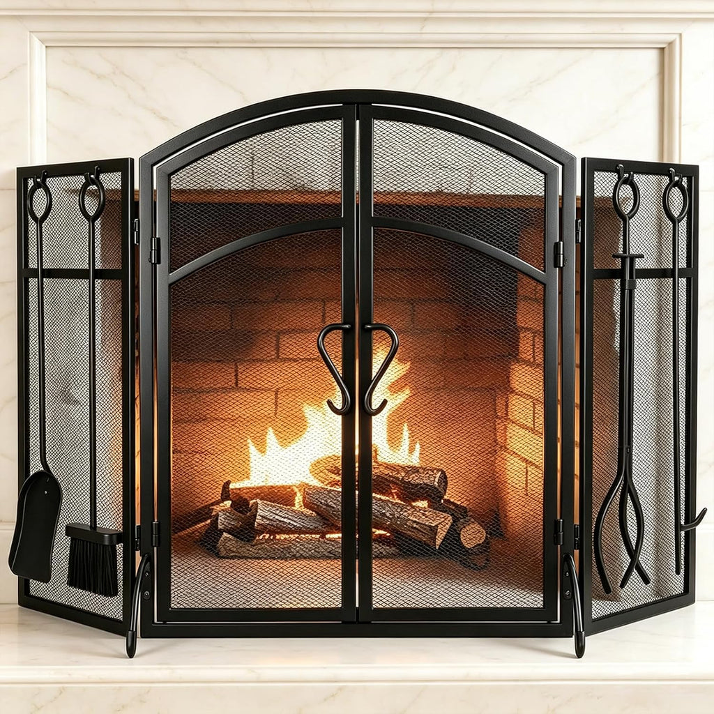 3 Panel Fireplace Screen with Doors & 4-Pcs Fireplace Tools Set
