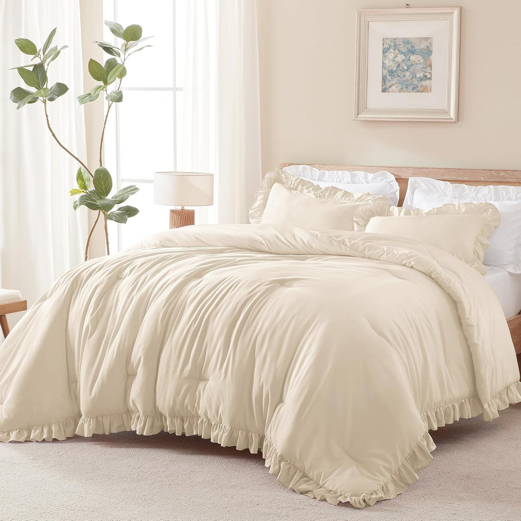 Andency Beige Queen Comforter Set, 3 Pieces Farmhouse Shabby Chic Bedding
