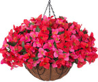 Artificial Hanging Flowers Faux Plants Basket for Outdoors Fall Winter Decor, Fake Silk Bougainvillea in Planter Outdoor Look Real UV Resistant Faux Flower for Outside Porch Patio Garden Home, White