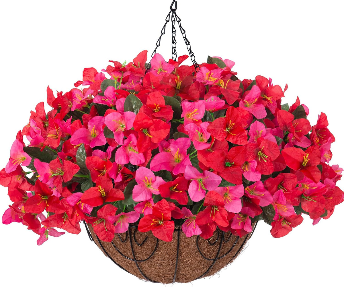 Artificial Hanging Flowers Faux Plants Basket for Outdoors Fall Winter Decor, Fake Silk Bougainvillea in Planter Outdoor Look Real UV Resistant Faux Flower for Outside Porch Patio Garden Home, White