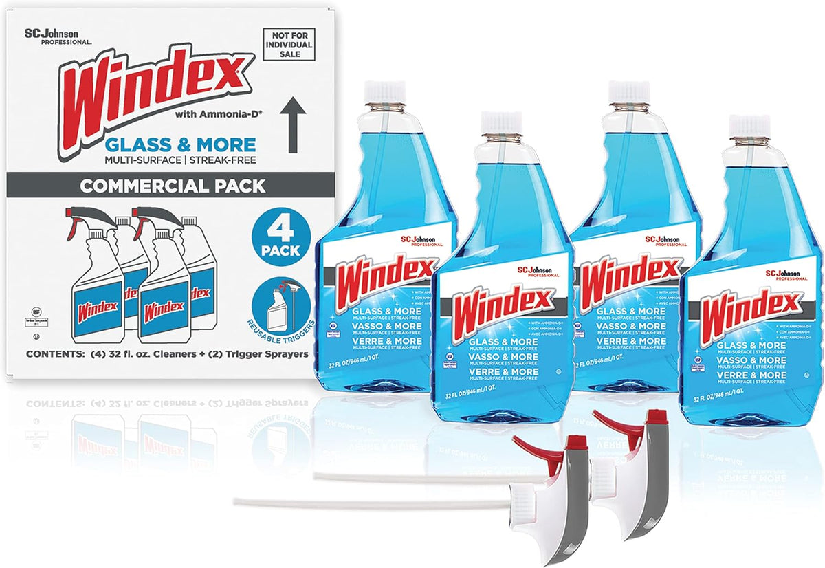 SC Johnson Professional Windex Original Glass Cleaner, Fresh Scent, 32 oz Spray Bottle, 4/Carton (327171)