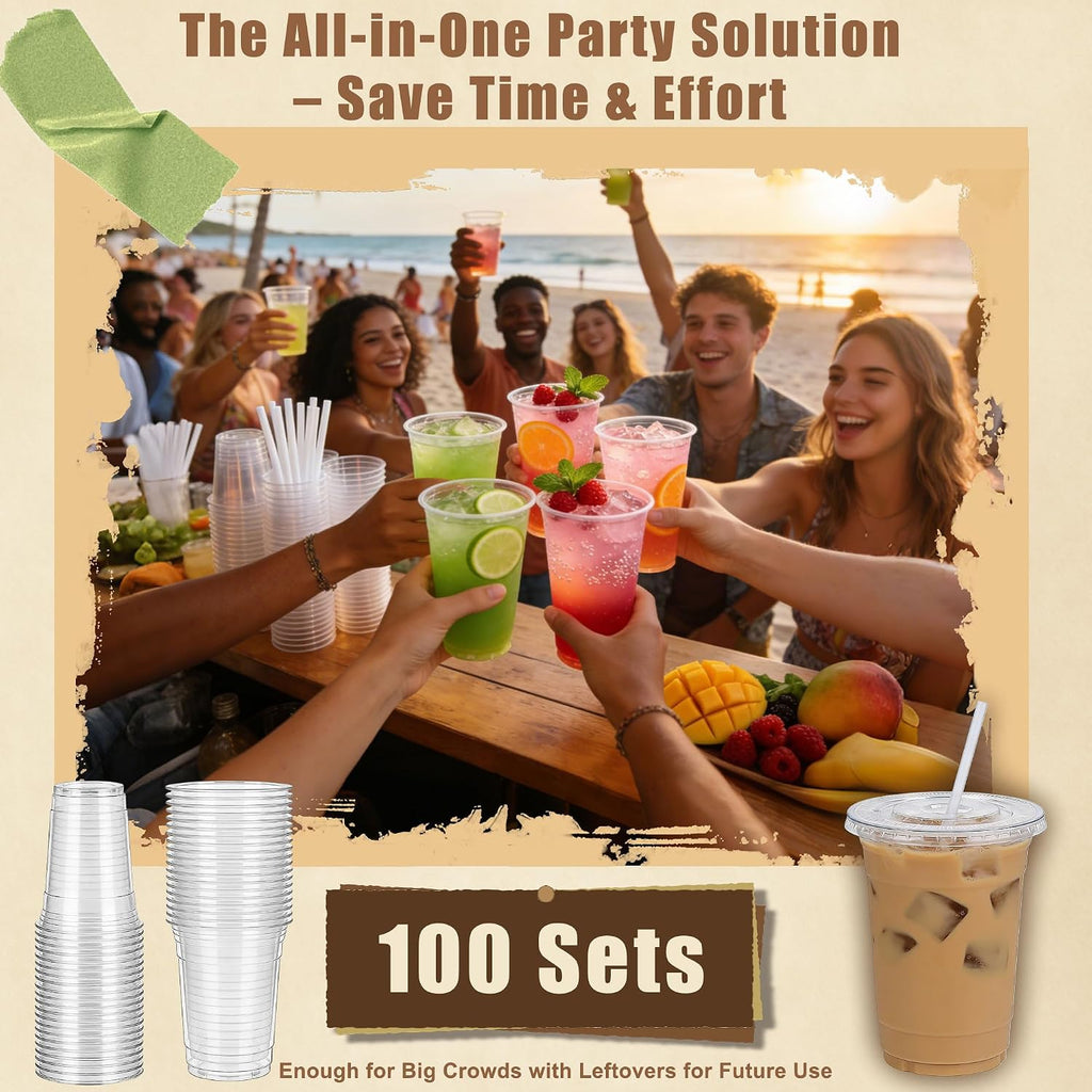 Zcaukya 100 Pack 16oz Plastic Cups with Lids and Straws, Disposable Clear Cups for Iced Coffee, Soda, Smoothies, Fruit Juices, Iced Tea and Coffee Bar Accessories