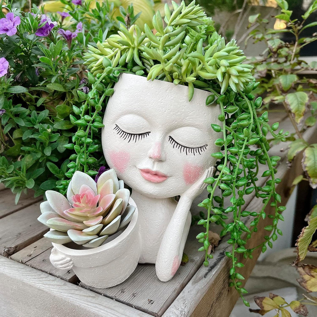 Face Planter Pot, Double Flower Pots Resin with Drainage Hole