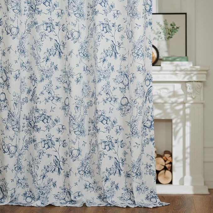 jinchan Linen Floral Curtains for Living Room 84 Inch Length Blue Printed - Image 6