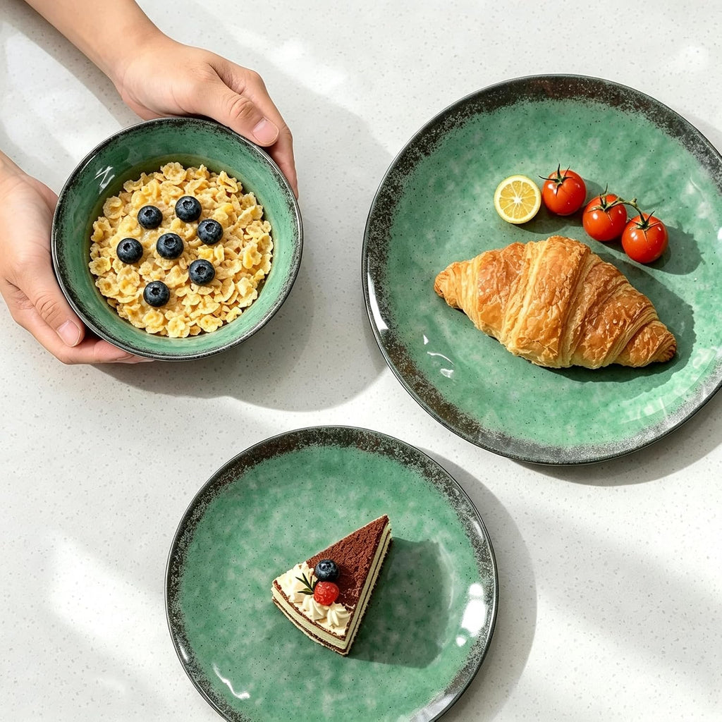 Melamine Dinnerware Sets for 4, 12 Pcs Plates and Bowls set, Green