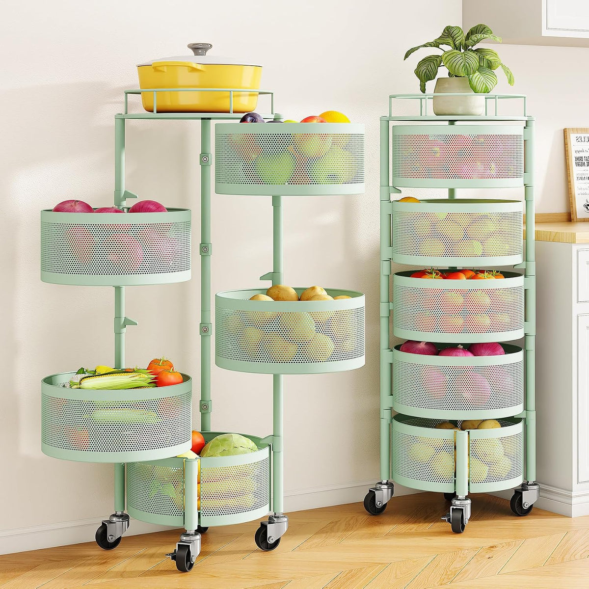 SNTD 5-Tier Fruit and Vegetable Basket Bowls for Kitchen, Rotating, Green