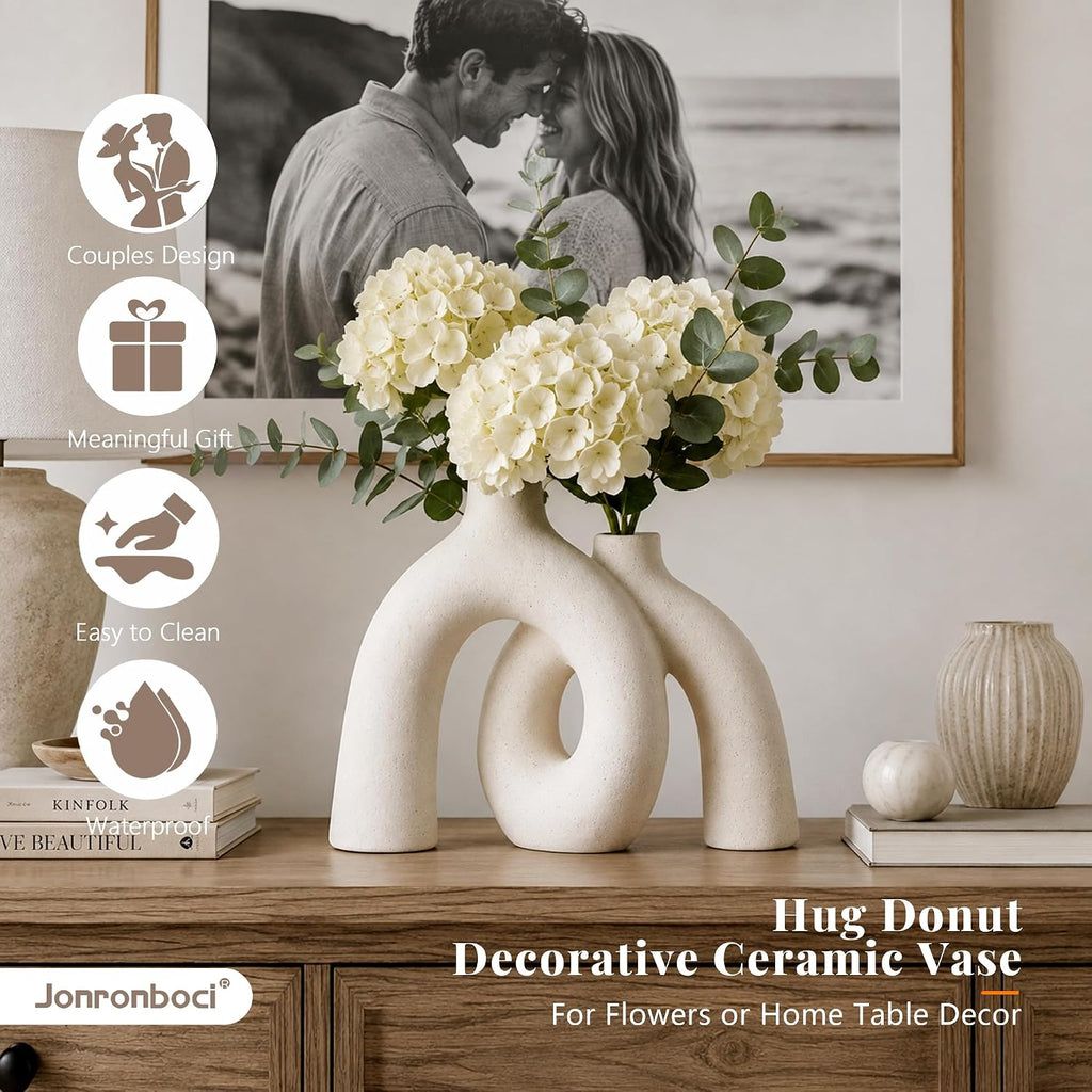 Hug Donut Decorative Ceramic Vase Set for Flower or Home Decor(Cream White)