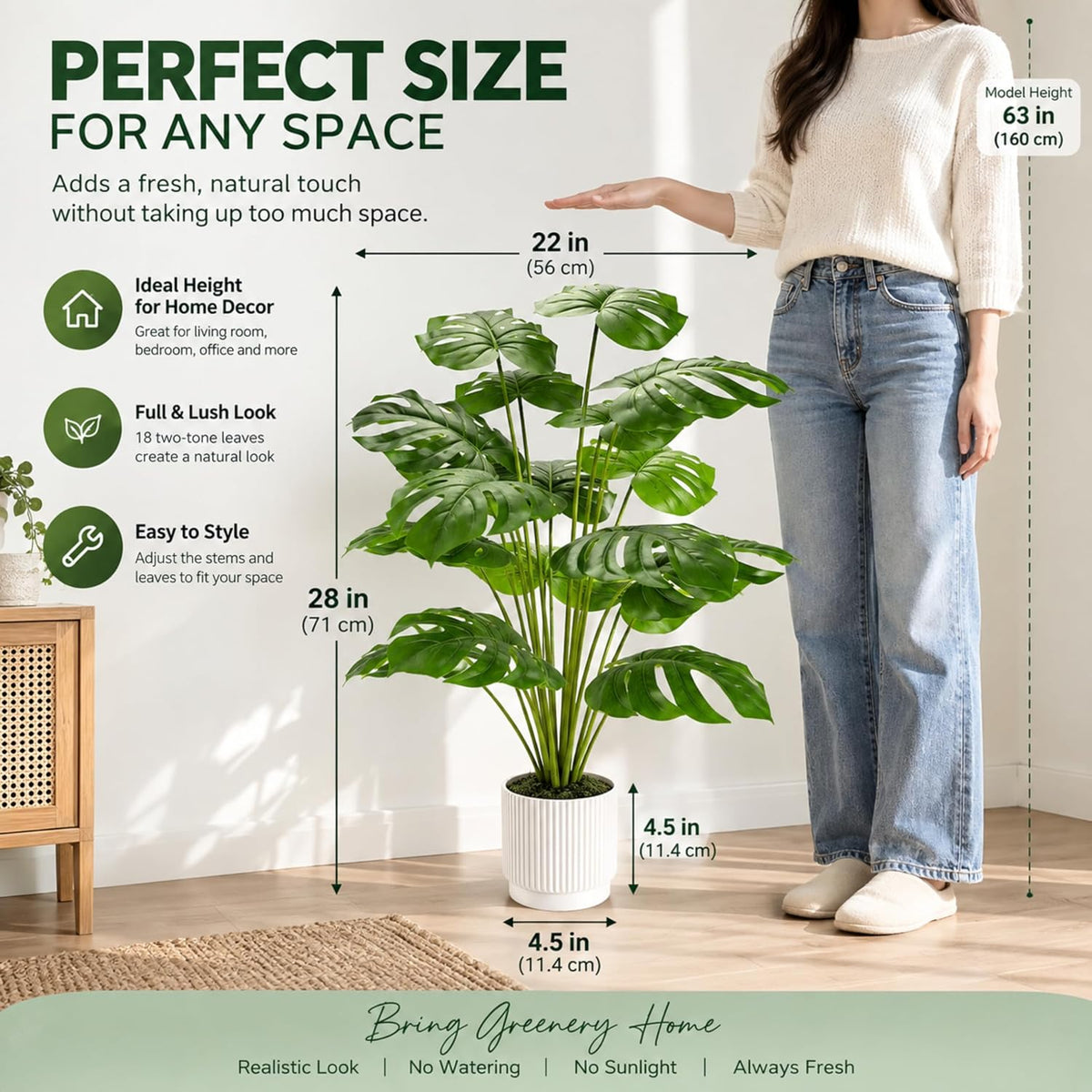 Der Rose 28" Fake Plants, Artificial Monstera Plants Indoor in White Pot