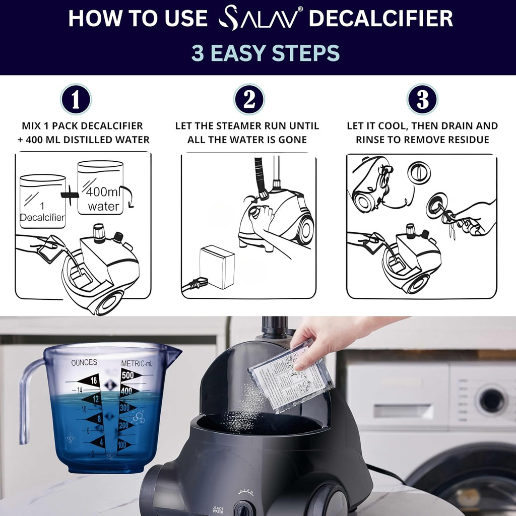 SALAV Garment Steamer Descaler Solution, Limescale & Mineral Buildup Remover, Universal Steamer Cleaner Packets, Monthly Appliance Care for Standing Clothes Steamers, 3pc Set