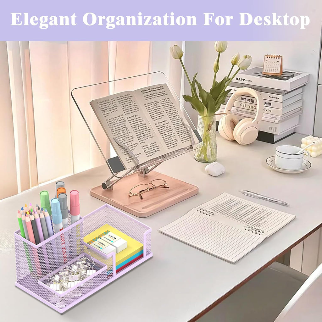 Mesh Pen Holder Desk Organizer, Office Supplies Pencil Storage with 3 Compartments, Office Desk Accessories and Workspace Organizers for Home School Classroom, Purple