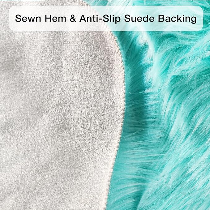 duduta Turquoise Blue Faux Sheepskin Fur Rug 3x5 ft, Fluffy Shag Bedroom Dorm - Image 4