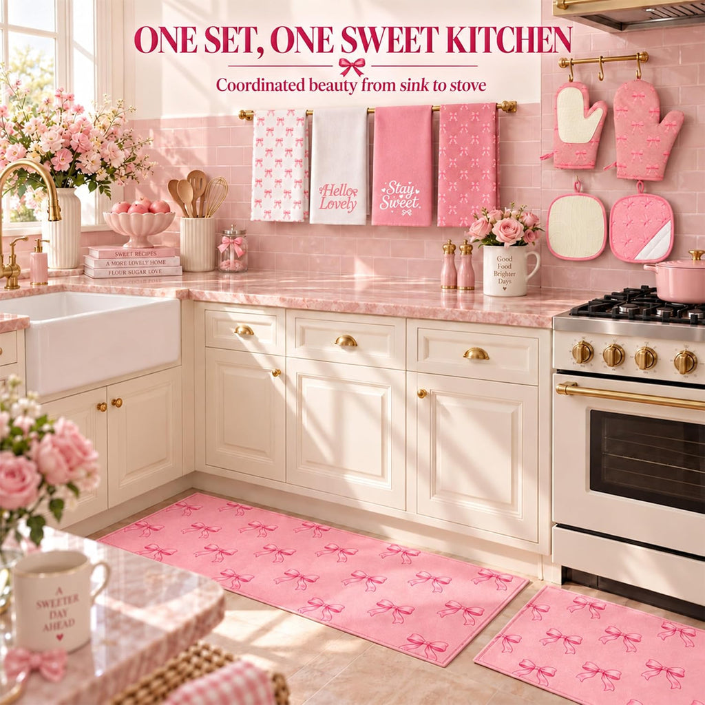10 Pcs Pink Bow Kitchen Decor and Accessories Set, Coquette Kitchen Style