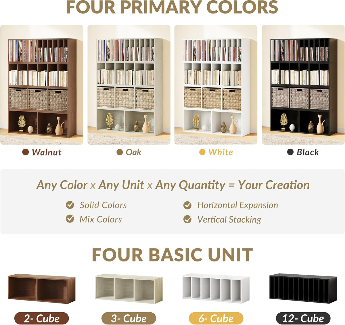 IOTXY DIY Modular Cubby Bookcase - Stackable 12-Cube Open Bookshelf, Oak