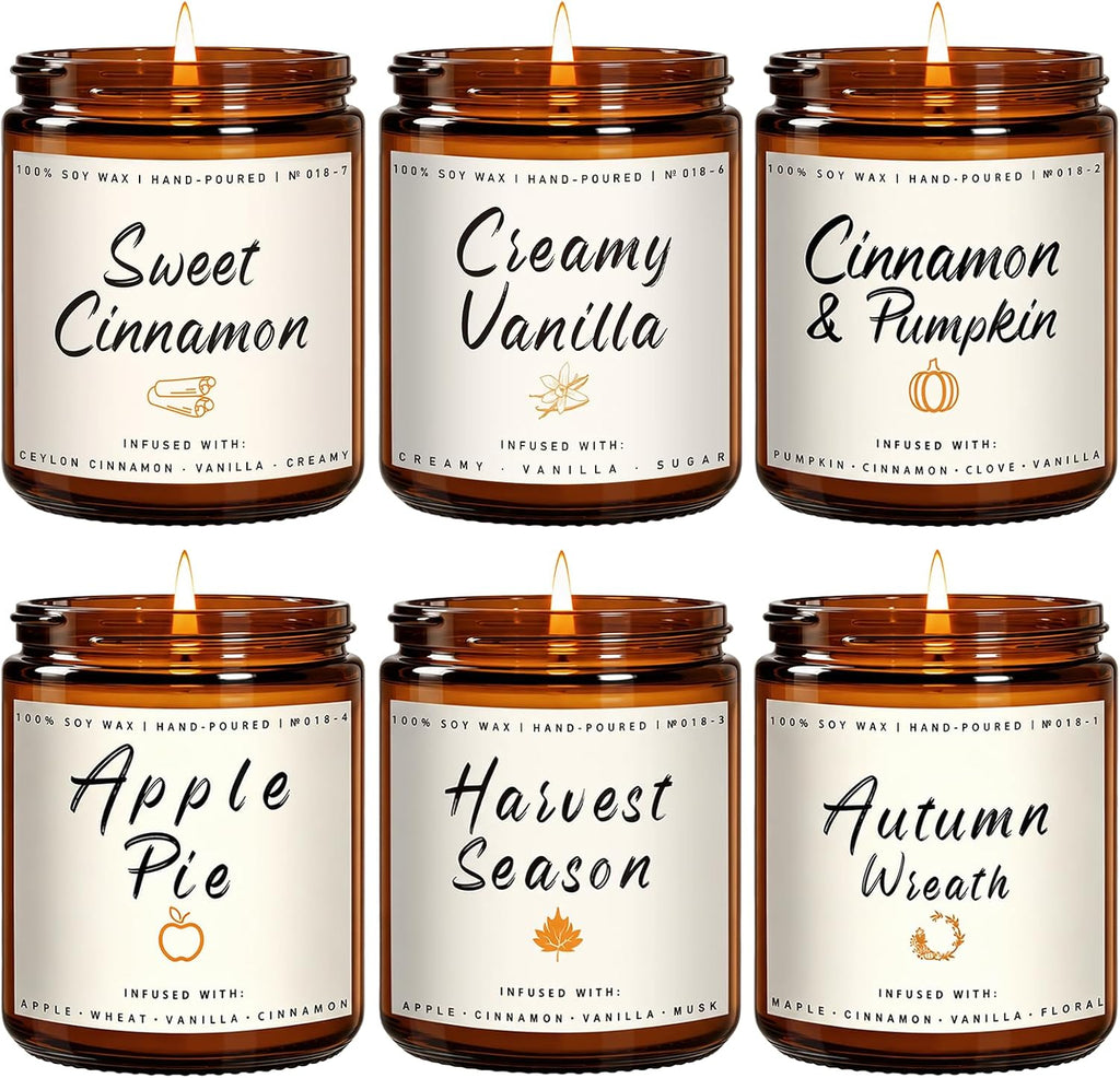 Auelife Fall Candles, 6 Pack Scented Candle Set, 42 oz Holiday Soy Candles, Candle Gifts Set for Men and Women, Home Decor of Wreath/Apple/Latte/Harvest/Vanilla/Cinnamon