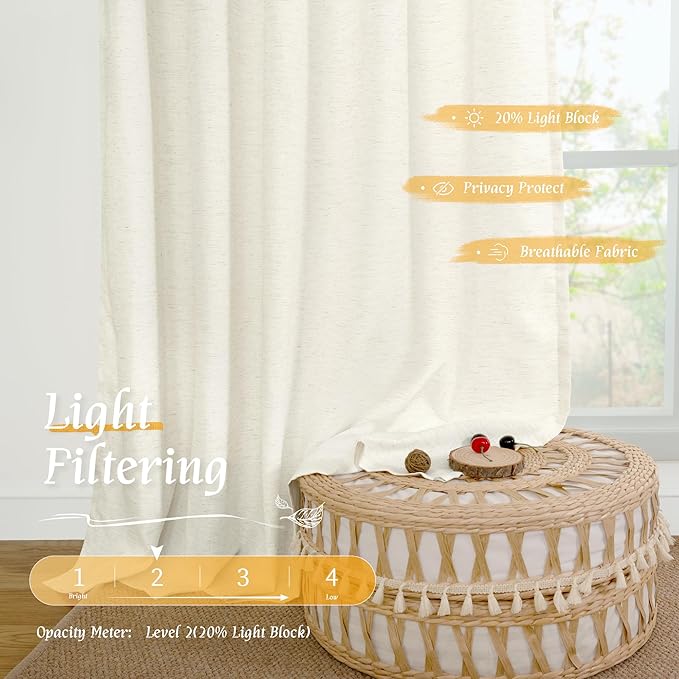 LAMIT Cream Linen Curtains 48 Inch Length 2 Panels, Light Filtering Faux Linen - Image 4