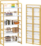 4NM No Assembly 5 Tier Folding Bookshelf Tall Storage Shelves Vintage Bookcase Standing Racks for Bedroom Living Room Home Office