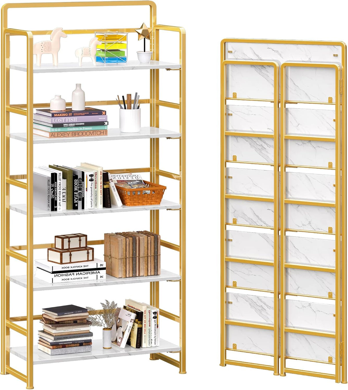 4NM No Assembly 5 Tier Folding Bookshelf Tall Storage Shelves Vintage Bookcase Standing Racks for Bedroom Living Room Home Office