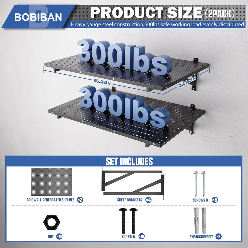 2 Pack Garage Wall Shelving, 2x3ft Heavy Duty Wall Shelves, Black