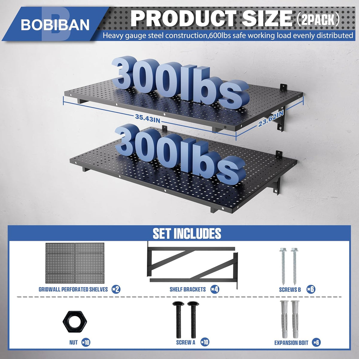 2 Pack Garage Wall Shelving, 2x3ft Heavy Duty Wall Shelves, Black