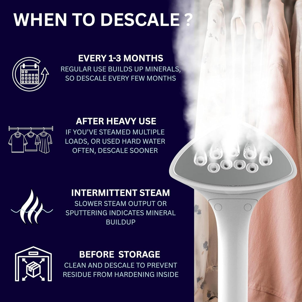 SALAV Garment Steamer Descaler Solution, Limescale & Mineral Buildup Remover, Universal Steamer Cleaner Packets, Monthly Appliance Care for Standing Clothes Steamers, 3pc Set