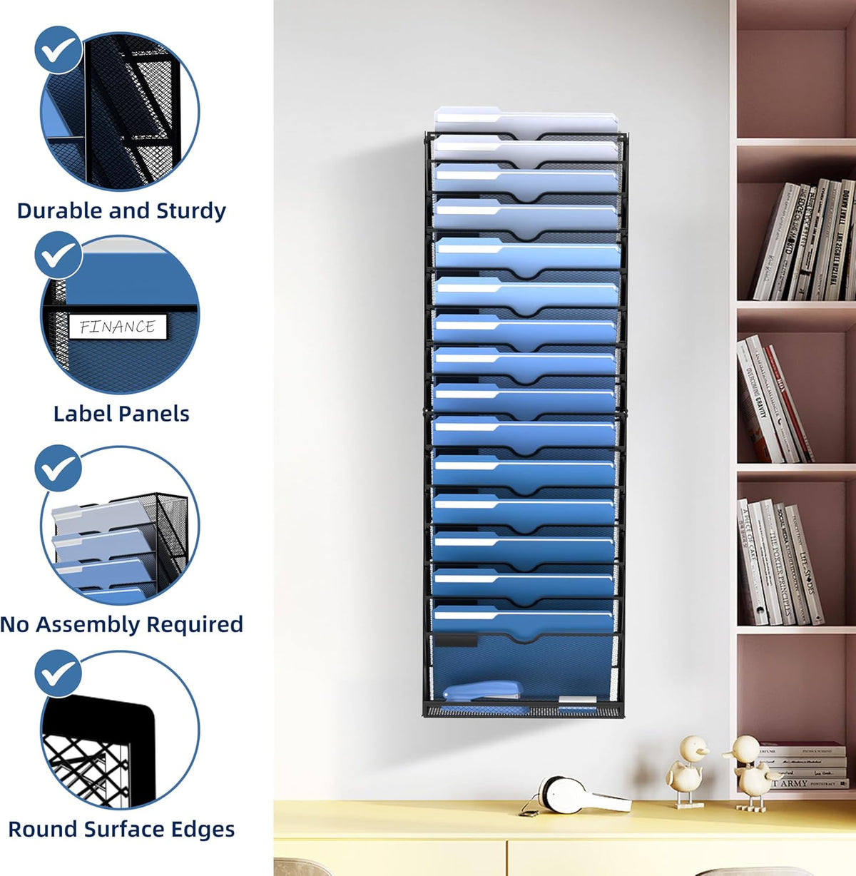 DALTACK Wall File Holder 16 Tier Hanging Wall File Organizer, for Papers Mails Folders Clipboard Magazine Organization for Office Home School Classroom, Mesh Metal, Assembly Needed, Black