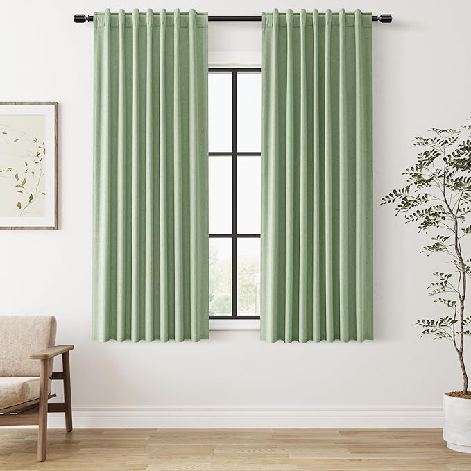 Guken Light Sage 100% Blackout Linen Curtains 63 Inch Length 2 Panels Set by Guken
