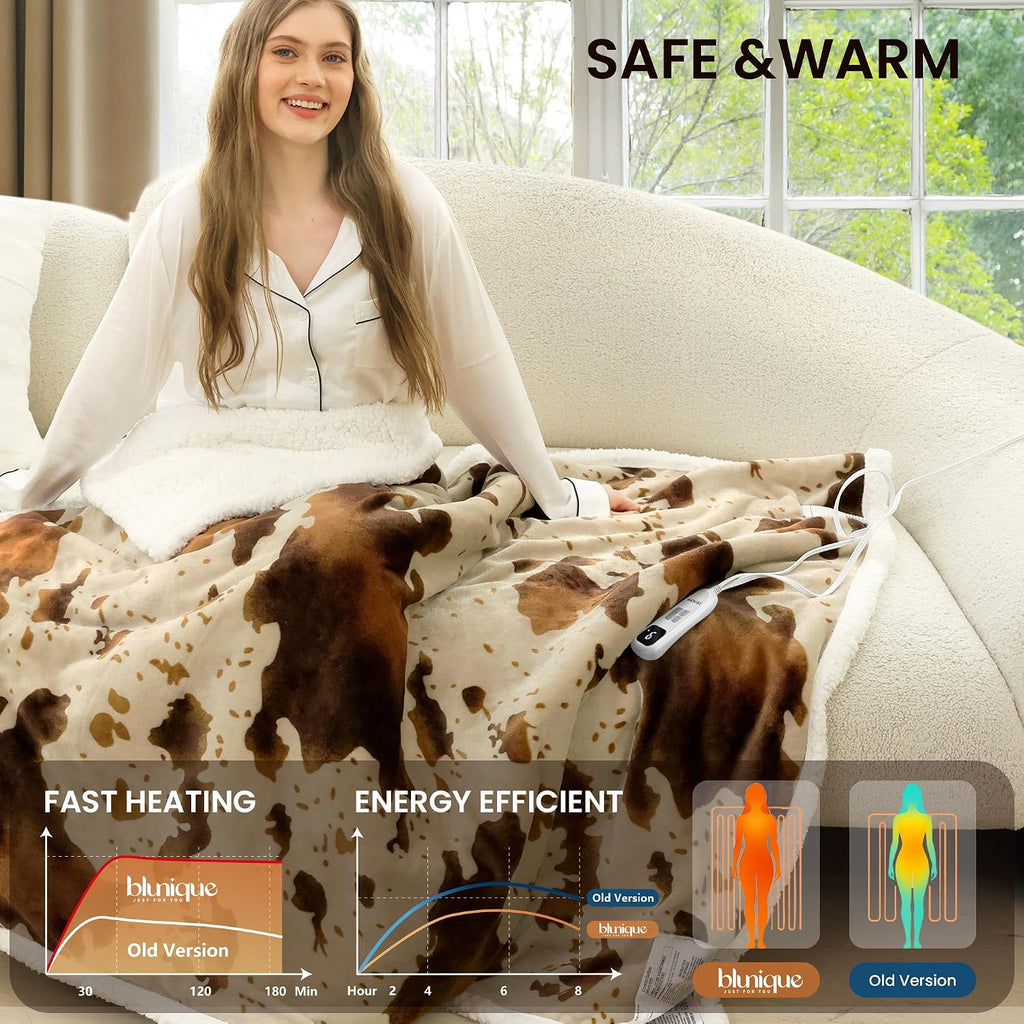 Heated Blanket Throw Blanket - Fast Heating Electric Blanket, Soft Heated Throw with 4 Time Settings,10 Heating Settings, Warm Gifts for Women Mom Grandma(50" x 60" Cow Print Apricot)