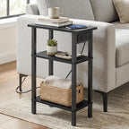 HOOBRO Narrow Side Table, 3-Tier Slim End Table with Charging Station, Skinny Nightstand with Open Storage, for Small Spaces, Living Room, Bedroom, Study, Rustic Brown and Black BB340UBZ01