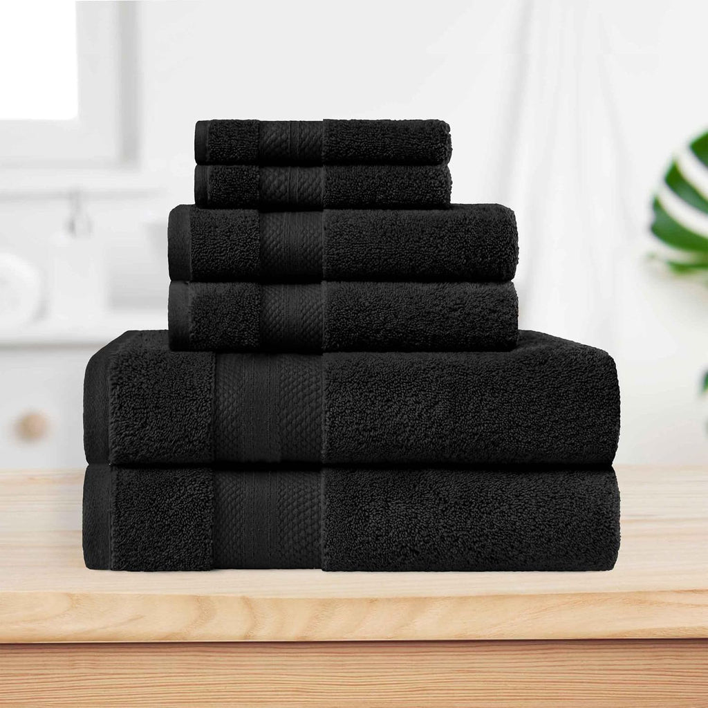 SUPERIOR Turkish Cotton 6-Piece Towel Set, Assorted Towels for Guest Bath, Master Bathroom, Shower, Quick Dry, Adults, Kids, Home Essentials, Spa, Hotel, Soft Plush Towel Collection, Black