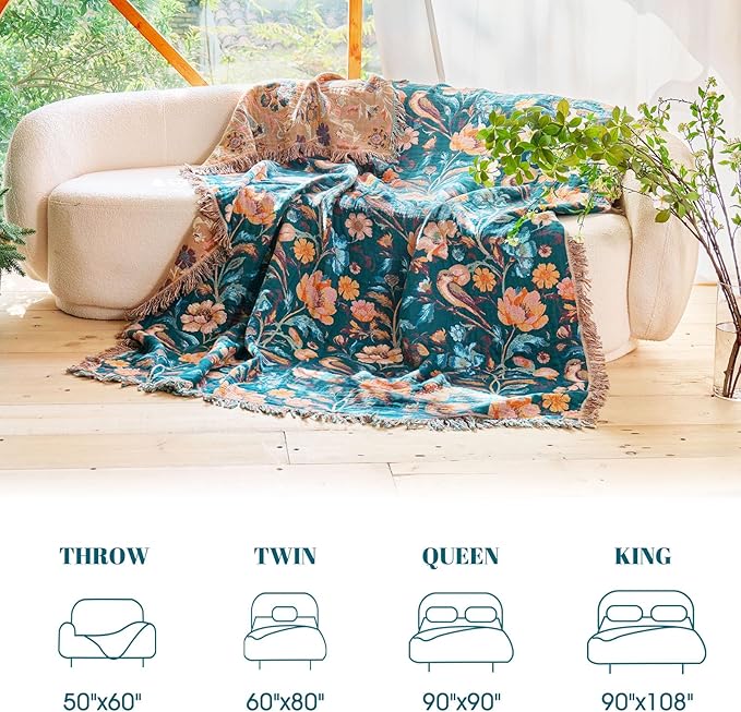 MSGKV Boho Throw Blanket for Couch 50"x60" Cotton Birds Floral Blanket Sofa - Image 6