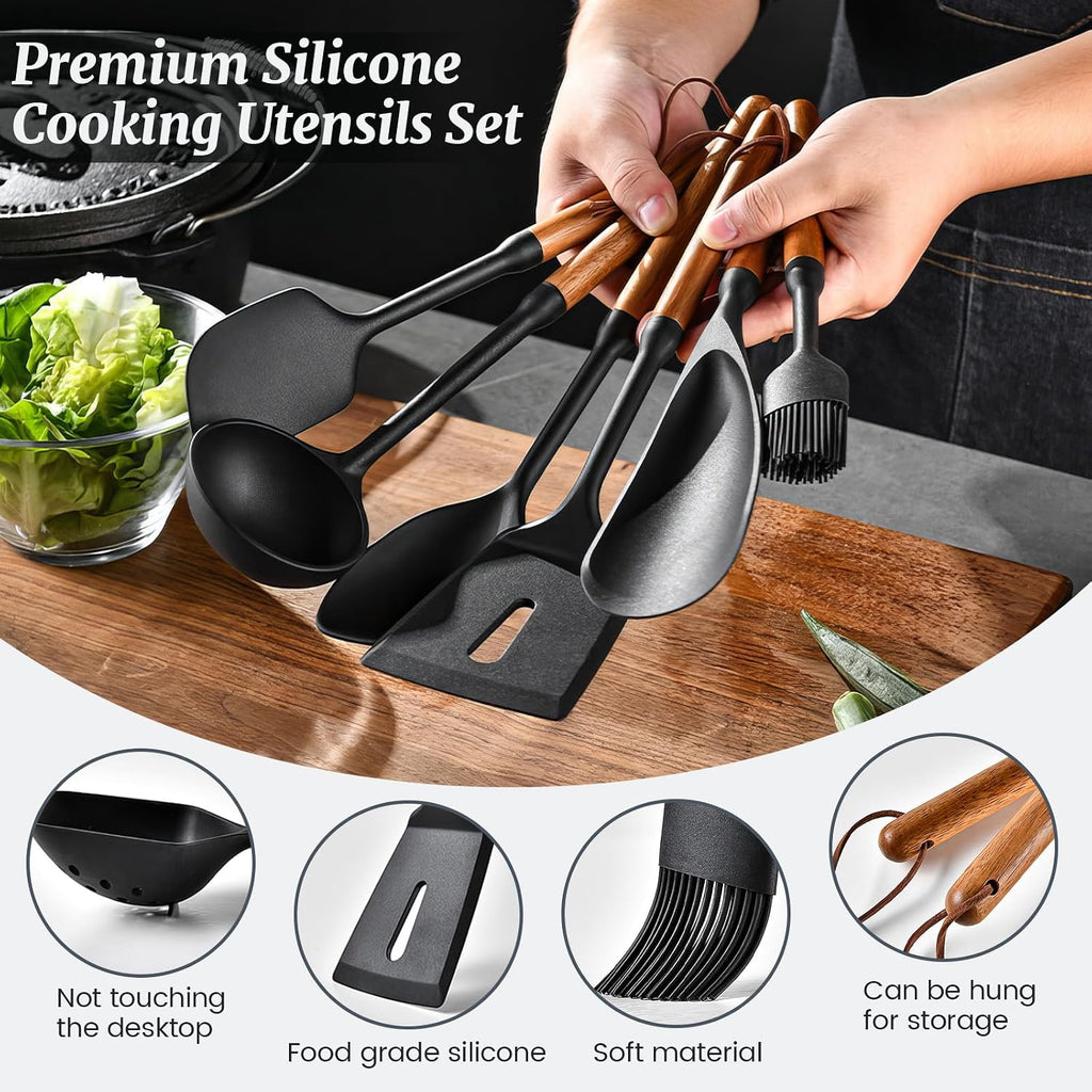 Silicone Cooking Utensils Set, 7PCS Silicone Kitchen Utensils with Wooden Handles, Heat Resistant Spatula Spoon Turner with Hanging Rope,Gadgets Utensil Set for Non-Stick Cookware BPA Free (Black)