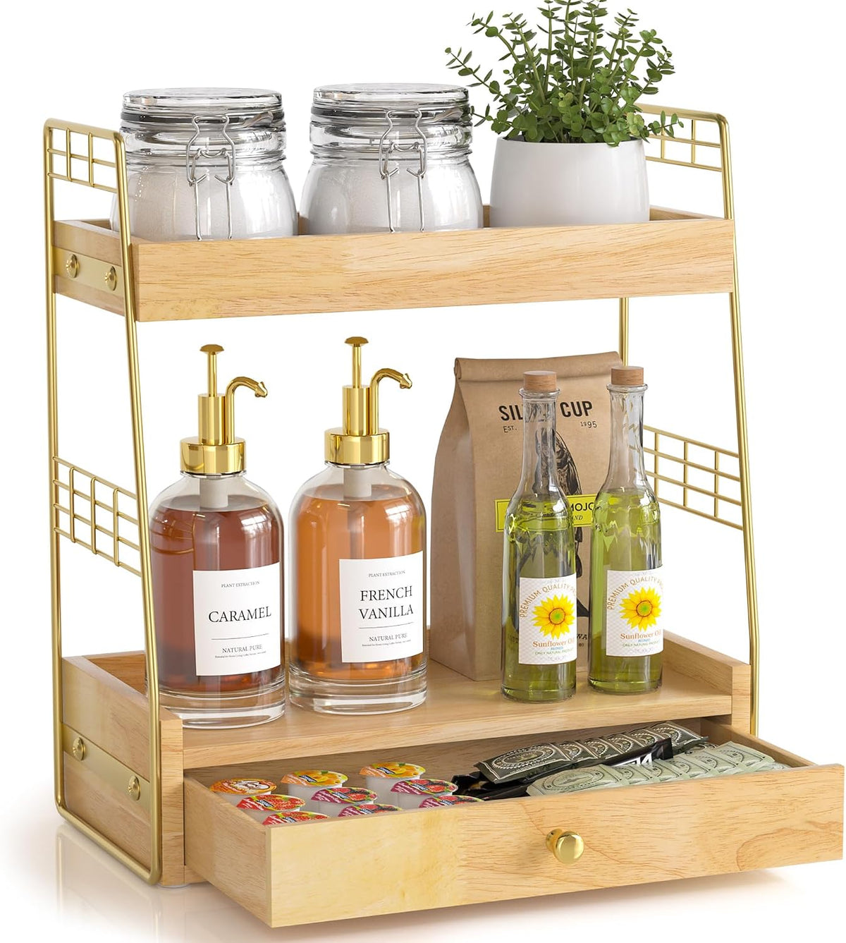 Coffee Bar Station Organizer with Drawer, 2-Tier Countertop Shelf (Natural)
