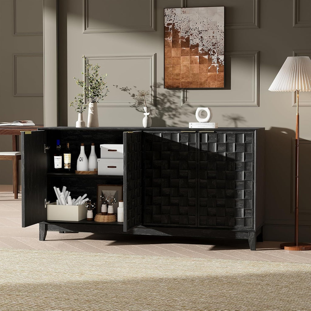 MALOL 59" Fluted Sideboard Buffet Cabinet with Storage, Wood Buffet Table with 4 3D-Checkerboard Doors & Adjustable Shelves, Kitchen Dining Room Coffee Bar Cabinet, Mid Century Modern Style, Black