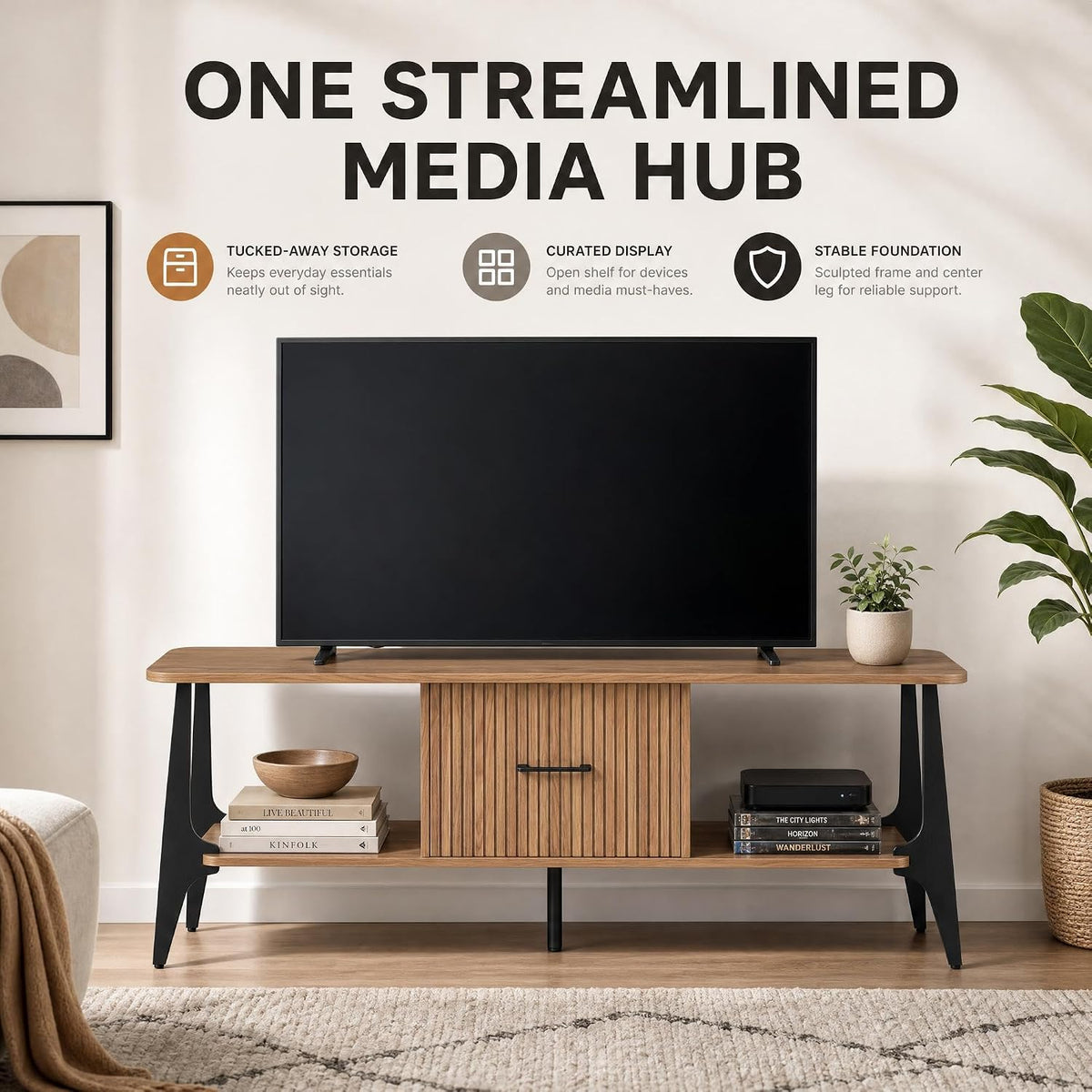 MWOOD Modern TV Stand, Fluted Media Console with Storage, Open Shelves, Oak