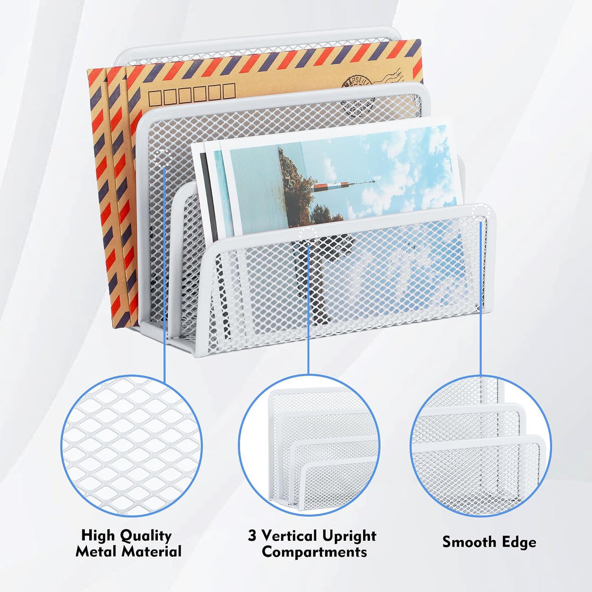 Desk Mail Organizer, Office Small Desktop Metal Mesh Envelope Letter Sorter Paper File Holder Organizer with 3 Vertical Upright Compartments, White 2 Pack