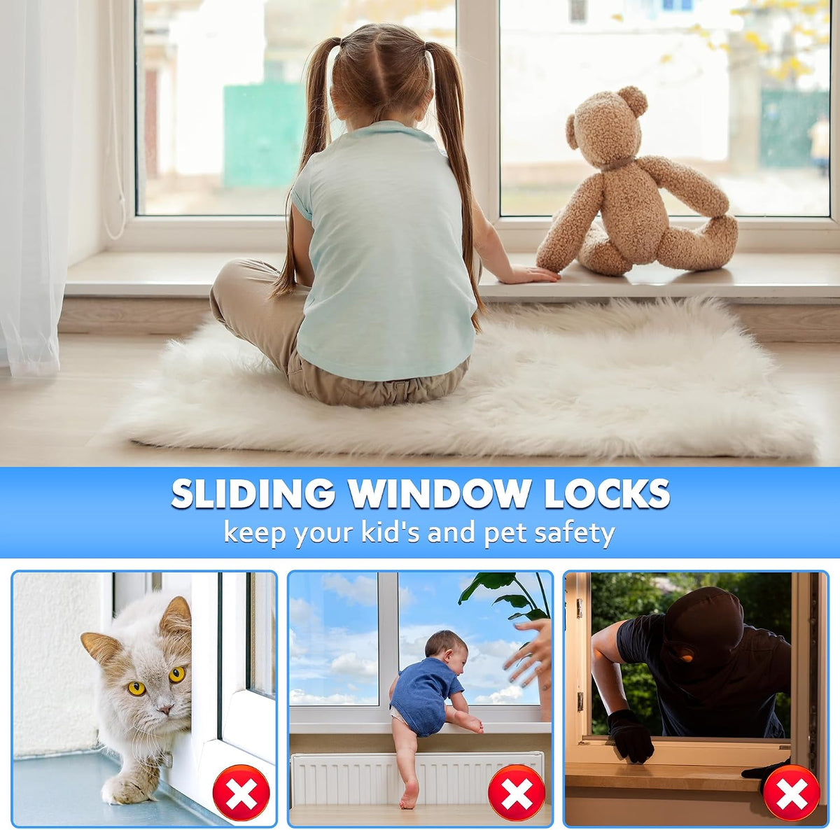 5 Pack Sliding Window Locks, Adjustable Security for Vertical & Horizontal Windows, Easy Install, Fits 1/16 inch to 7/8 inch Wide Rail, Enhanced Safety for Home & Office (Black)