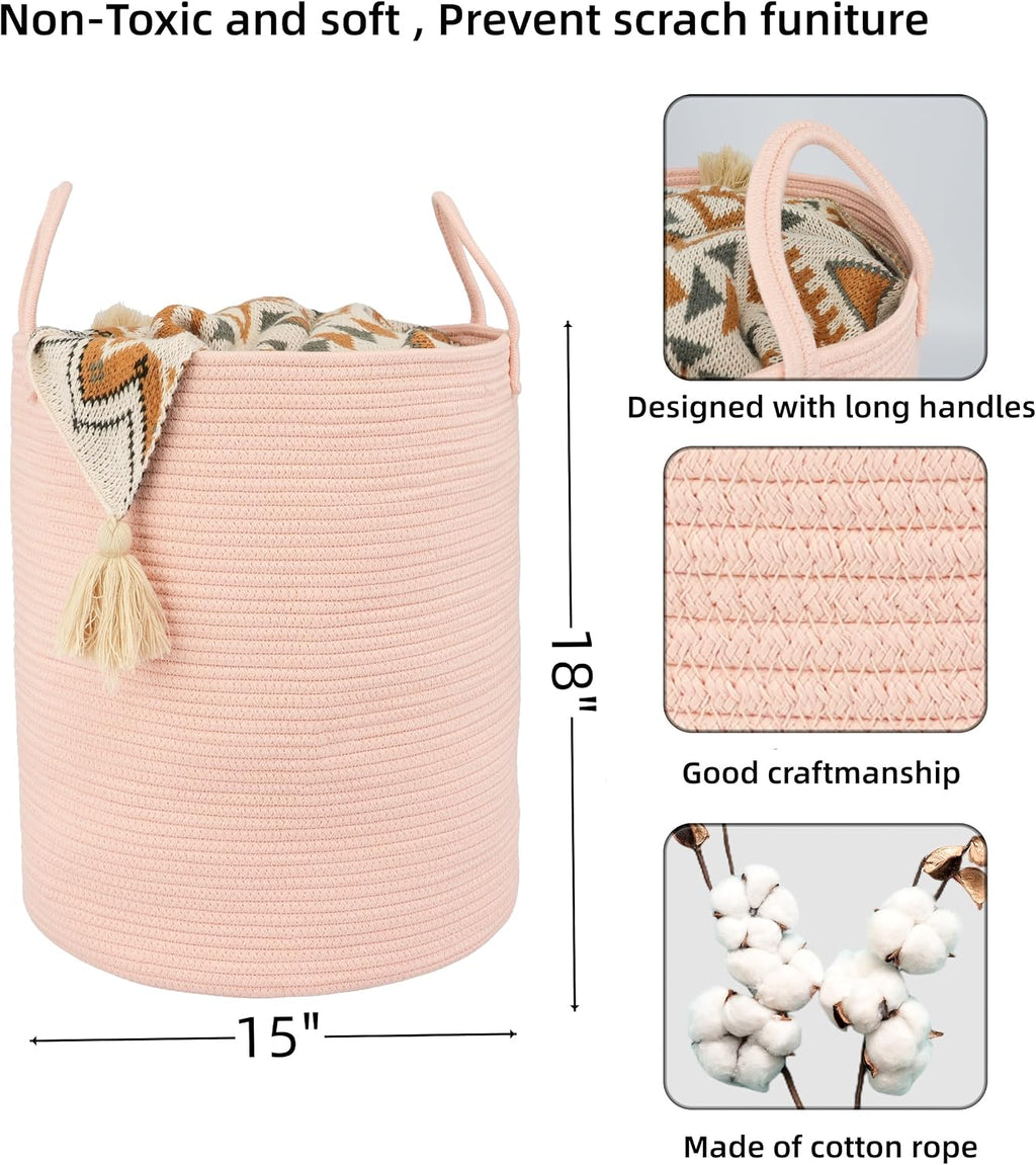 XUANGUO Cotton Rope Laundry Basket Hamper for Clothes, coral pink