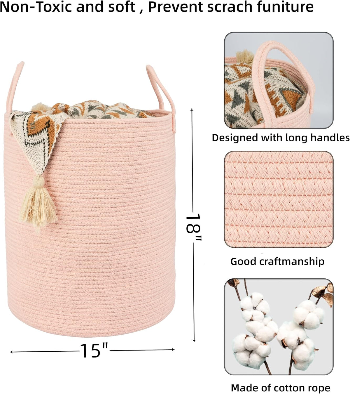 XUANGUO Cotton Rope Laundry Basket Hamper for Clothes, coral pink