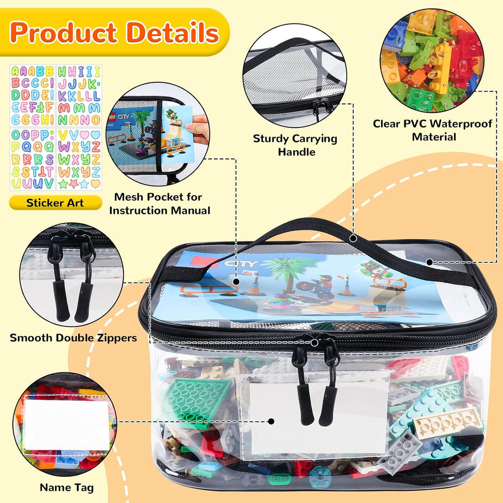 6 Pack Clear Toy Storage Bag with Name Tag& Manual Pocket, Waterproof Transparent PVC Toy Organizer Case for Lego Bricks, Board Games, Building Blocks, Puzzles (Large Capacity, Black)