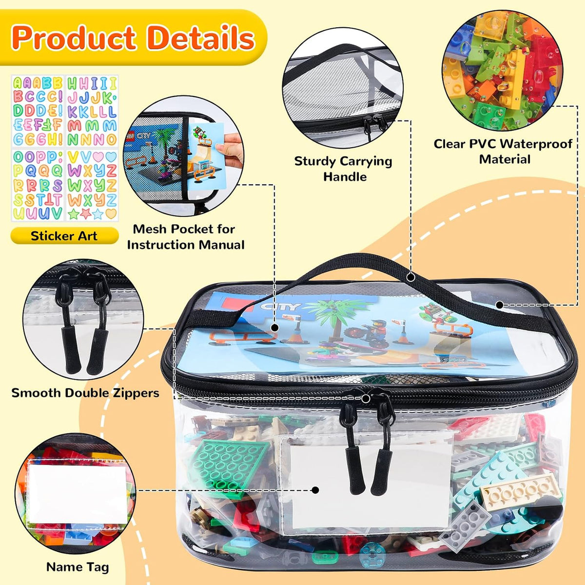 6 Pack Clear Toy Storage Bag with Name Tag& Manual Pocket, Waterproof Transparent PVC Toy Organizer Case for Lego Bricks, Board Games, Building Blocks, Puzzles (Large Capacity, Black)