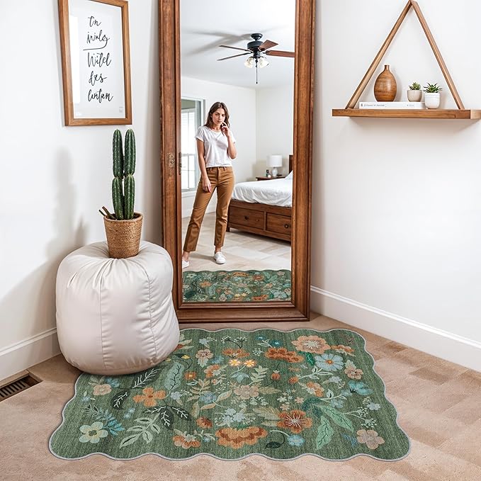 Washable Floral 2x3 Area Rug: Indoor Soft Scalloped Carpet - Image 6