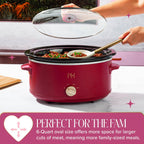 Paris Hilton 6-Quart Manual Slow Cooker, Naturally Nonstick Stoneware Ceramic Insert, Three Settings (Low, High, Warm), Dishwasher Safe Family Size Slow Cooker, Berry