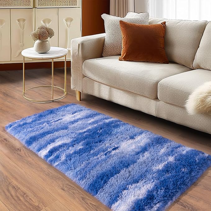 Soft Runner Rugs for Bedroom Hallways, 2x4 Abstract Blue White Fluffy Shag - Image 3