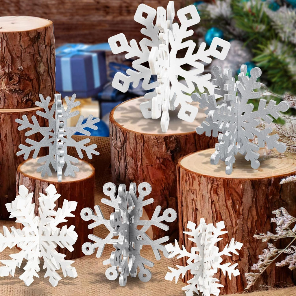 Wooden Snowflake Decorations, 3D Christmas Table Decorations, Set of 6