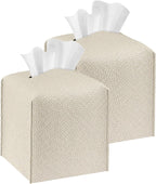 Tissue Box Cover Holder Square Tissue Cube Cover PU Leather Tissue Organizer with Bottom Belt for Bathroom, Tabletop, Car, Night Stands, Office, Home, Kitchen (2, Off White)