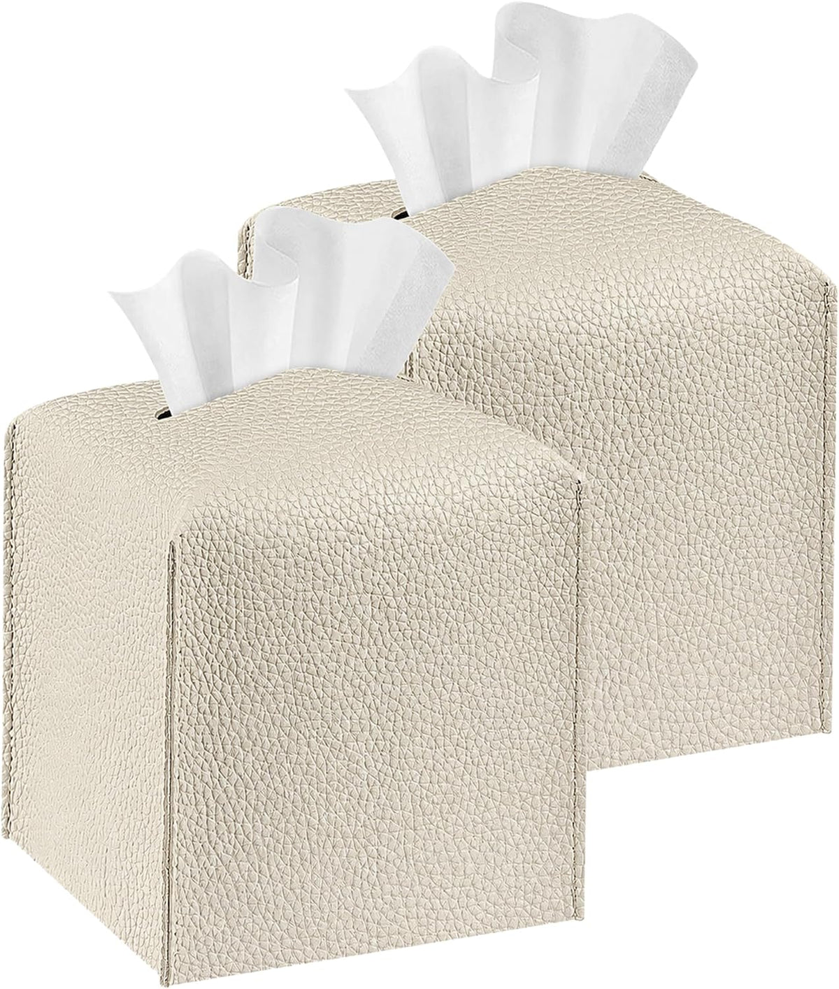 Tissue Box Cover Holder Square Tissue Cube Cover PU Leather Tissue Organizer with Bottom Belt for Bathroom, Tabletop, Car, Night Stands, Office, Home, Kitchen (2, Off White)