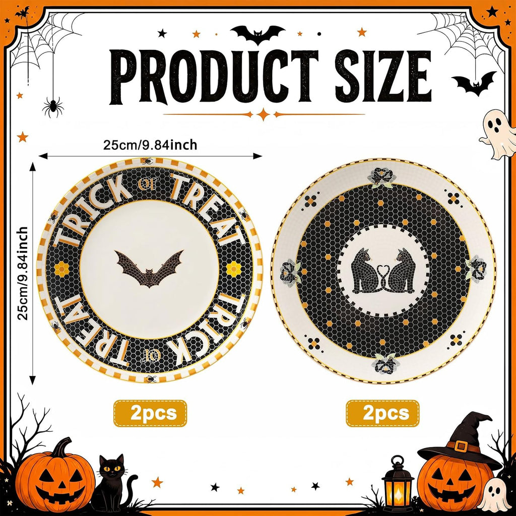 4 Pcs Tile Stoneware 24k Gold Accent Halloween Dessert Plates Ceramic
