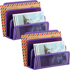 Desk Mail Organizer, Office Small Desktop Metal Mesh Envelope Letter Sorter Paper File Holder Organizer with 3 Vertical Upright Compartments, Purple 2 Pack